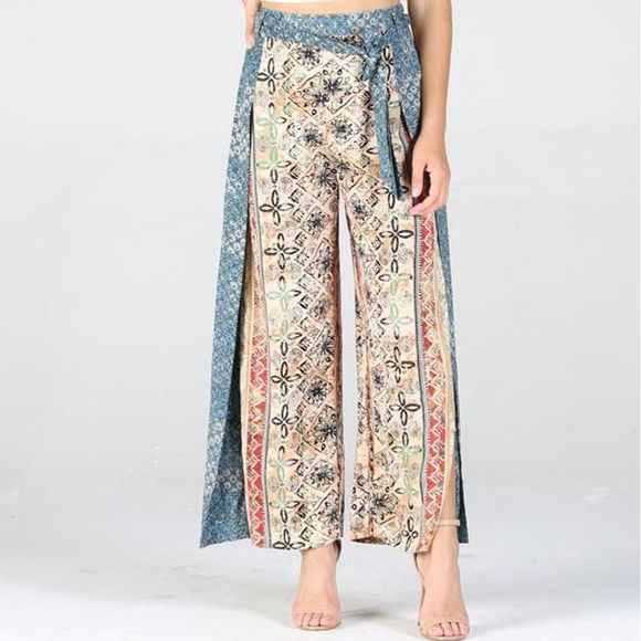 Dual Print Tie Waist Split Leg Pant - Picture 4 of 8